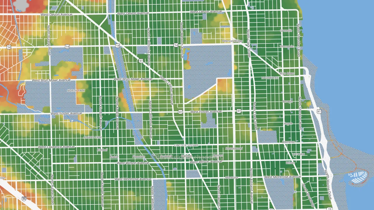 Walk Grade map of Lincoln Square, Chicago, IL, walkable areas in green and car-dependent areas in red