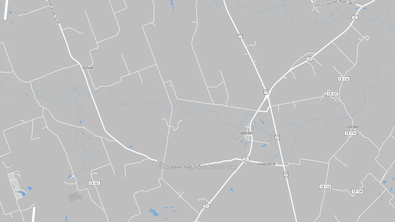 Walk Grade map of Lincoln, TX, walkable areas in green and car-dependent areas in red