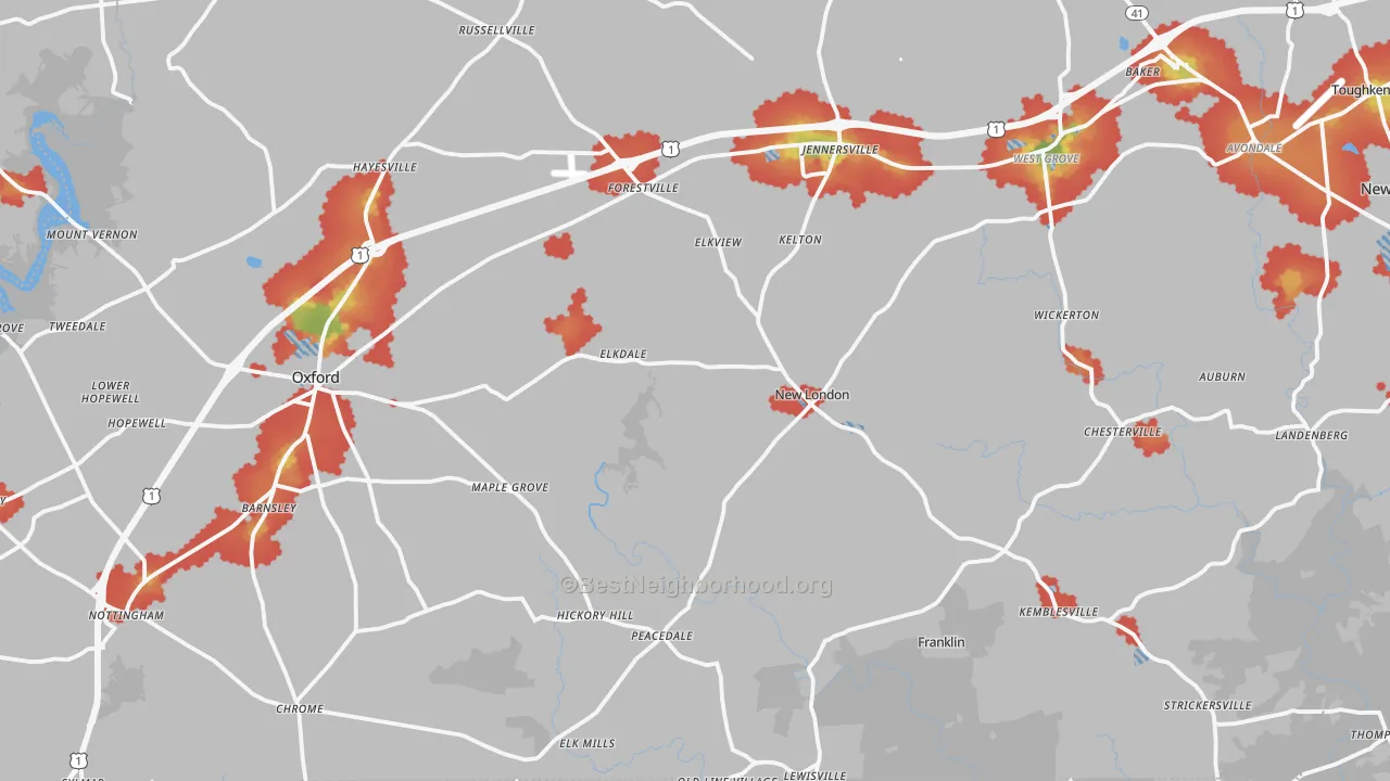 Walk Grade map of Lincoln University, PA, walkable areas in green and car-dependent areas in red