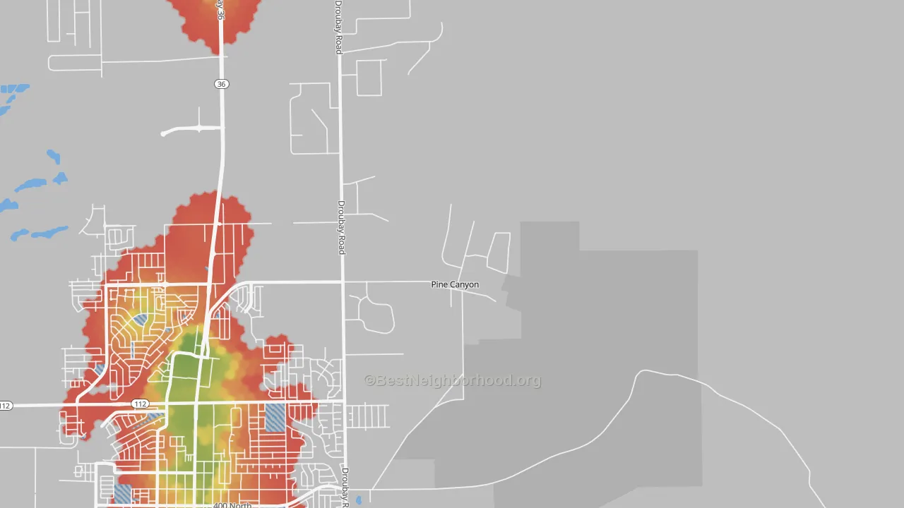 Walk Grade map of Lincoln, UT, walkable areas in green and car-dependent areas in red