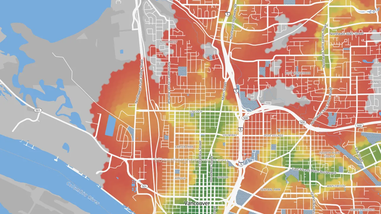 Walk Grade map of Lincoln, Vancouver, WA, walkable areas in green and car-dependent areas in red