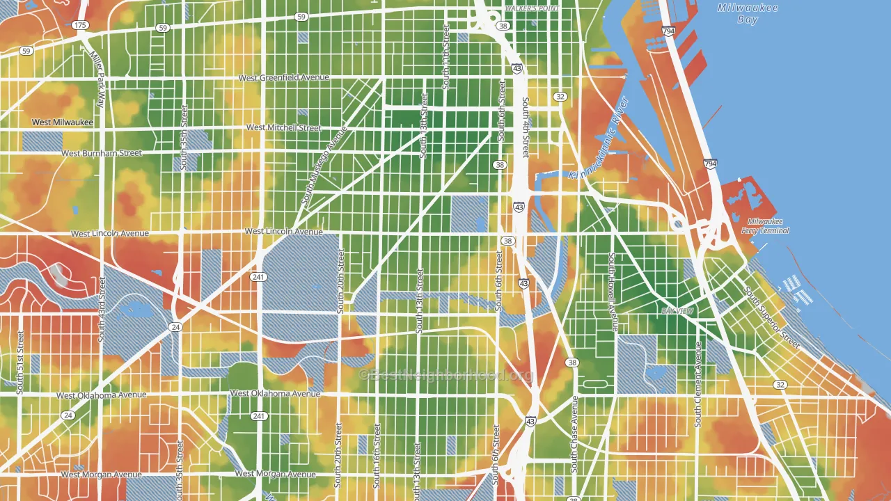 Walk Grade map of Lincoln Village, Milwaukee, WI, walkable areas in green and car-dependent areas in red