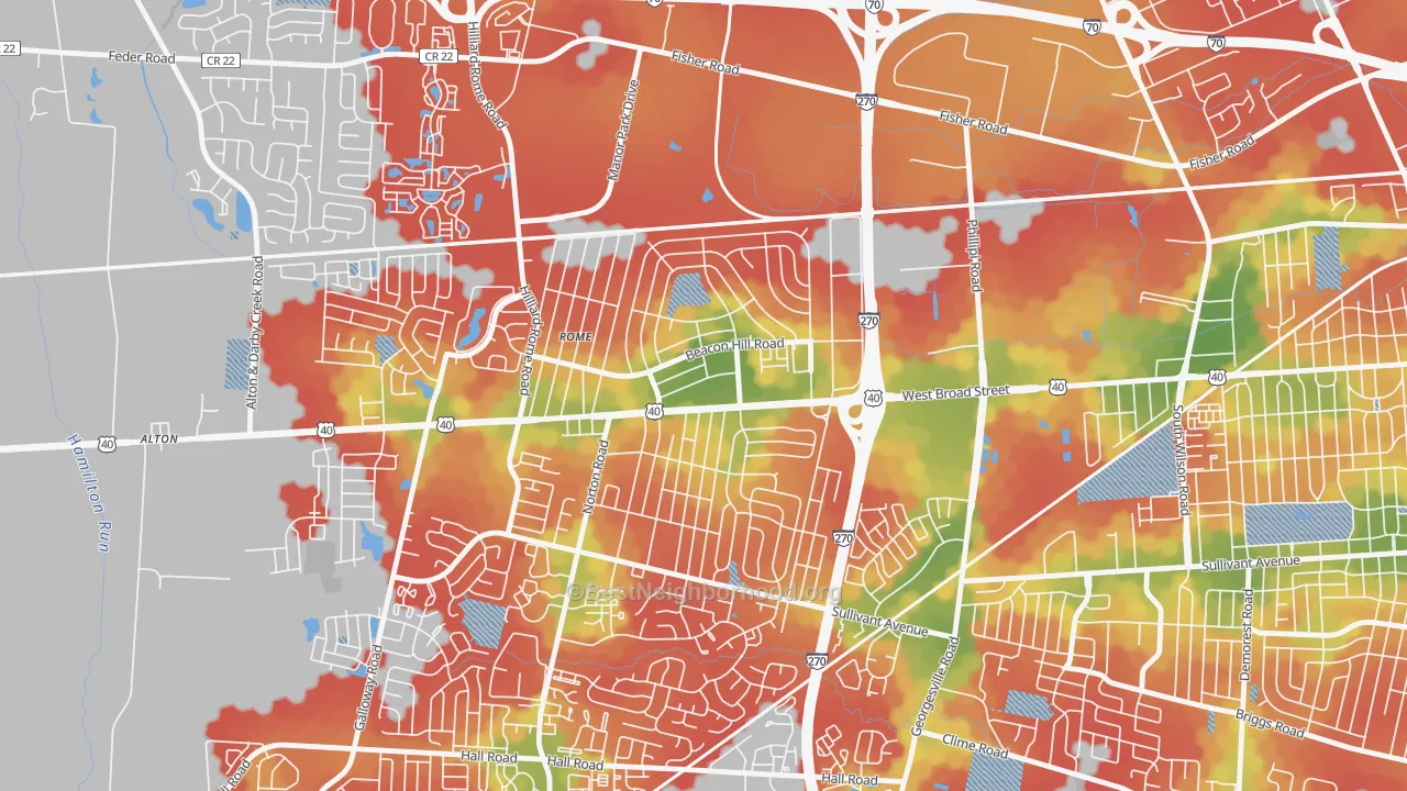 Walk Grade map of Lincoln Village, OH, walkable areas in green and car-dependent areas in red