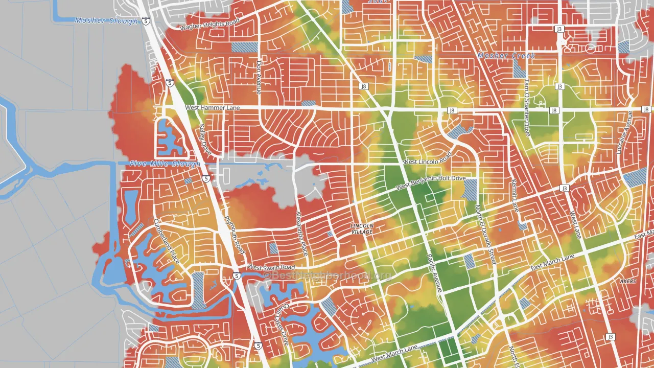 Walk Grade map of Lincoln Village Proper, Stockton, CA, walkable areas in green and car-dependent areas in red