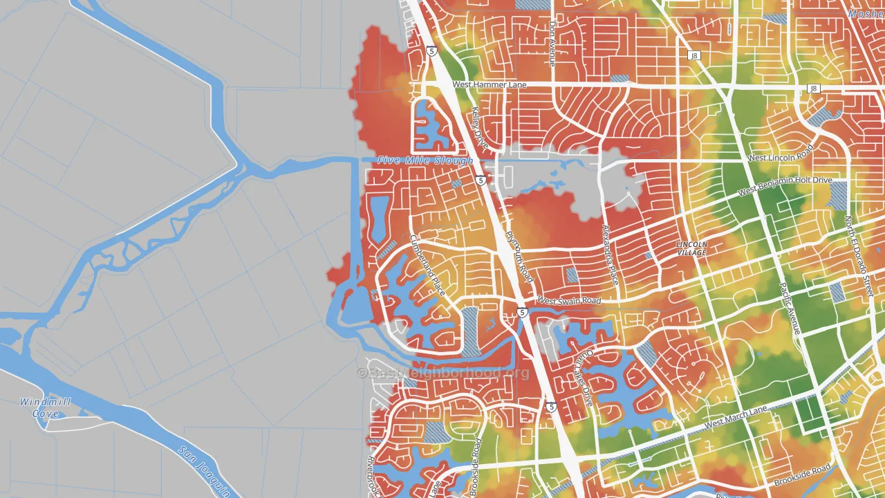 Walk Grade map of Lincoln Village West, Stockton, CA, walkable areas in green and car-dependent areas in red
