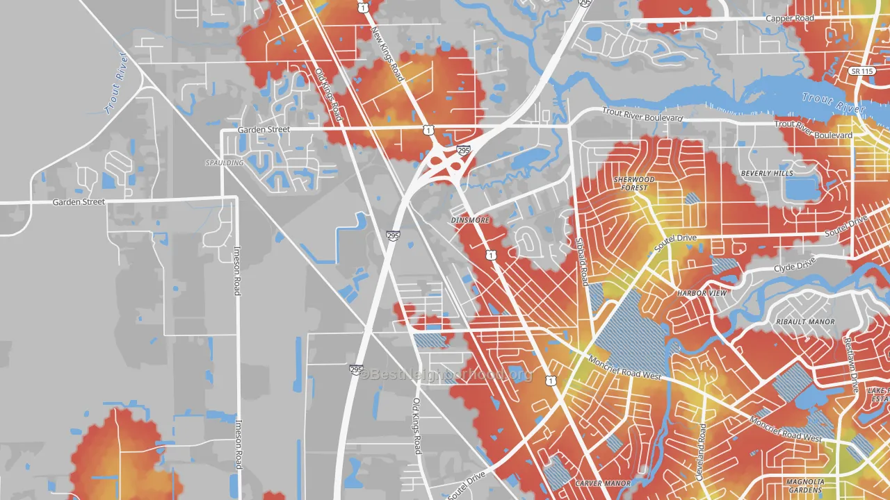 Walk Grade map of Lincoln Villas, Jacksonville, FL, walkable areas in green and car-dependent areas in red