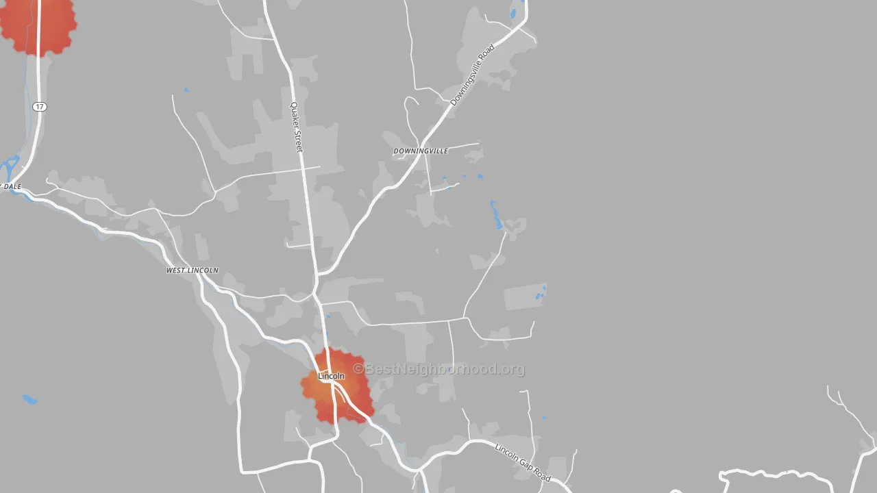 Walk Grade map of Lincoln, VT, walkable areas in green and car-dependent areas in red