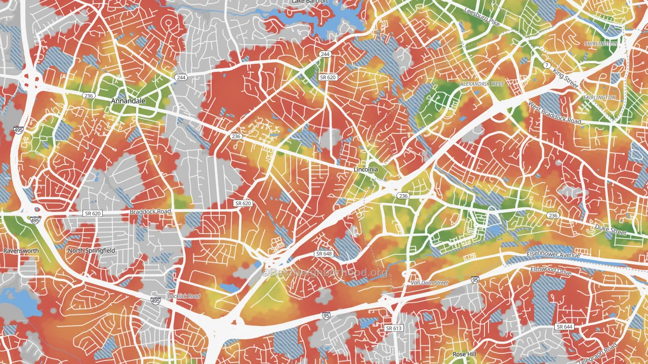 Walk Grade map of Lincolnia, VA, walkable areas in green and car-dependent areas in red