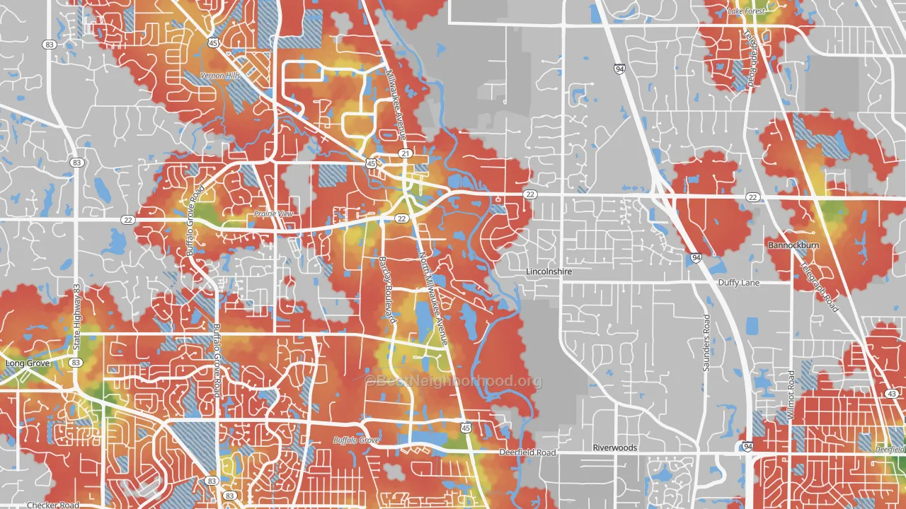 Walk Grade map of Lincolnshire, IL, walkable areas in green and car-dependent areas in red