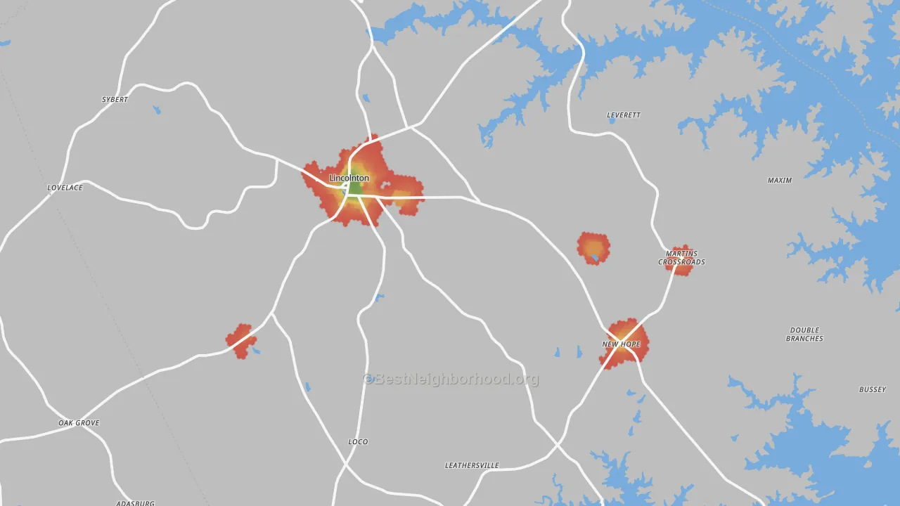 Walk Grade map of Lincolnton, GA, walkable areas in green and car-dependent areas in red