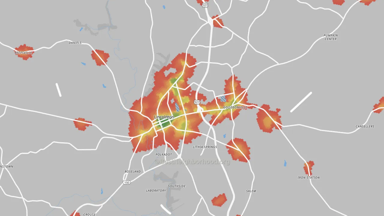 Walk Grade map of Lincolnton, NC, walkable areas in green and car-dependent areas in red
