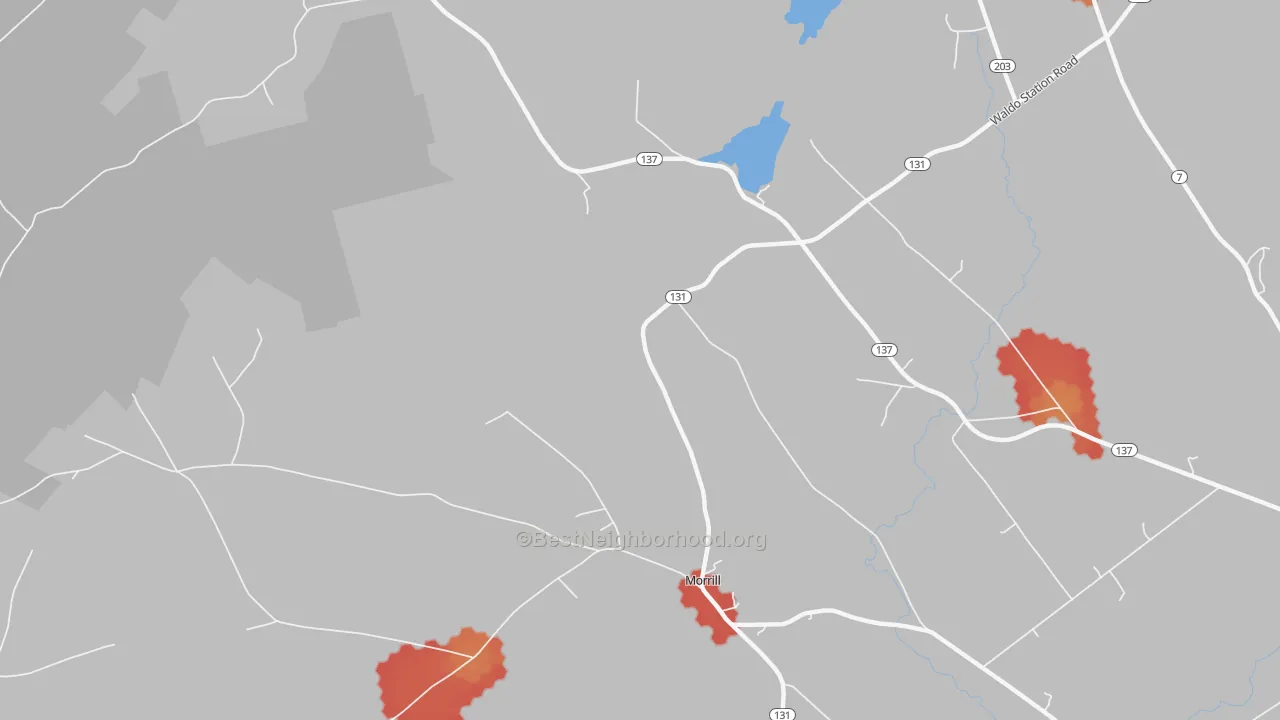 Walk Grade map of Lincolnville Center, ME, walkable areas in green and car-dependent areas in red