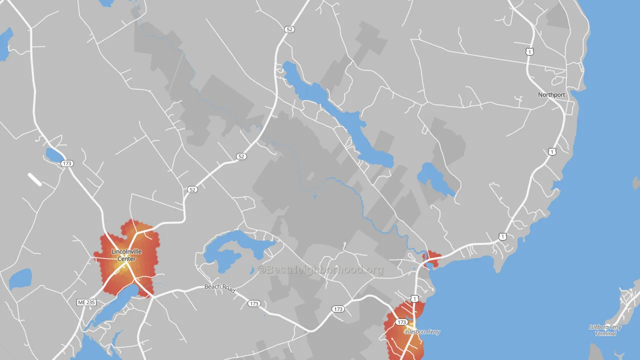 Walk Grade map of Lincolnville, ME, walkable areas in green and car-dependent areas in red