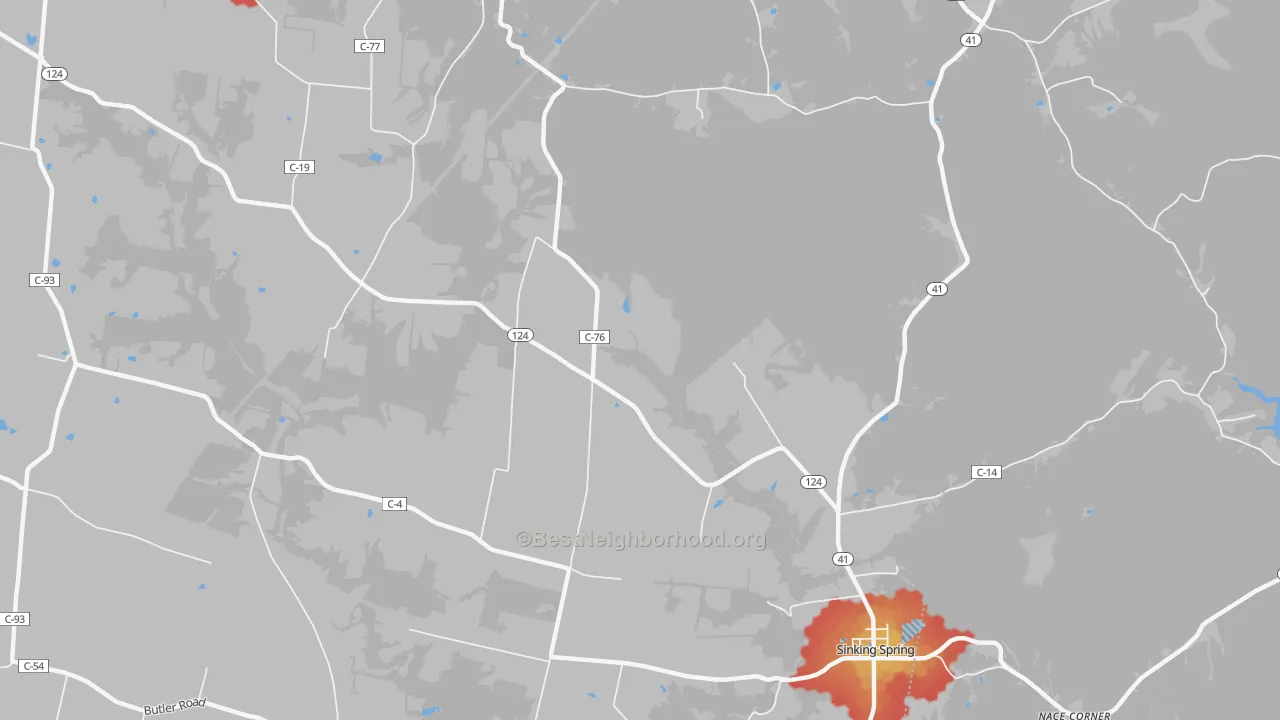 Walk Grade map of Lincolnville, OH, walkable areas in green and car-dependent areas in red