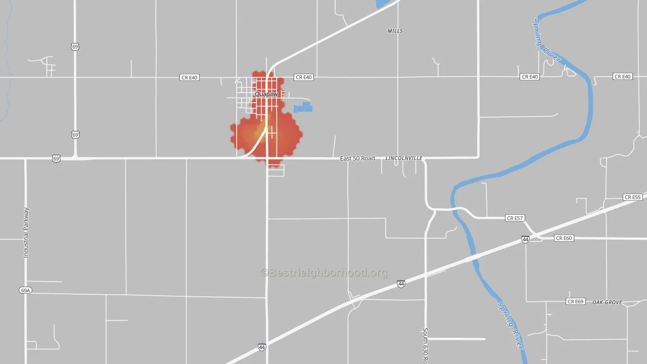 Walk Grade map of Lincolnville, OK, walkable areas in green and car-dependent areas in red