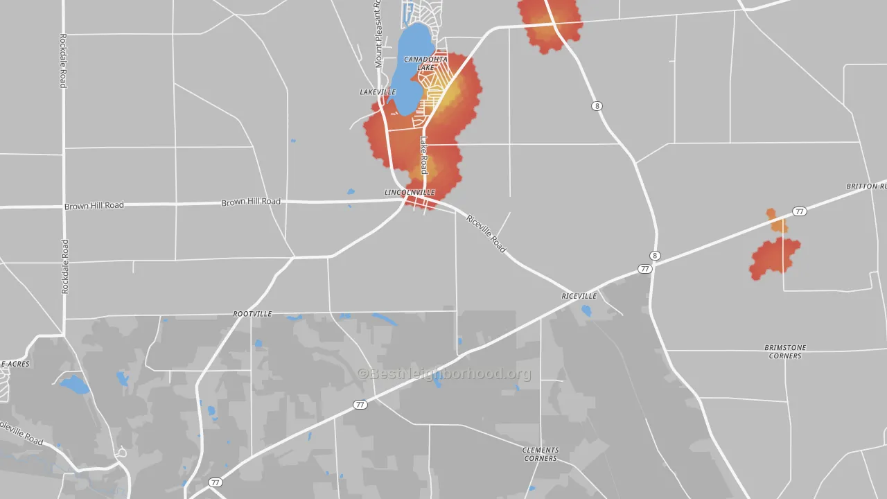 Walk Grade map of Lincolnville, PA, walkable areas in green and car-dependent areas in red