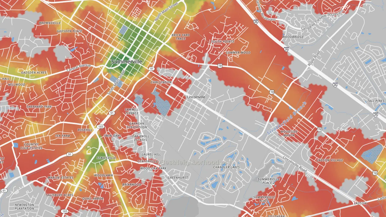 Walk Grade map of Lincolnville, SC, walkable areas in green and car-dependent areas in red