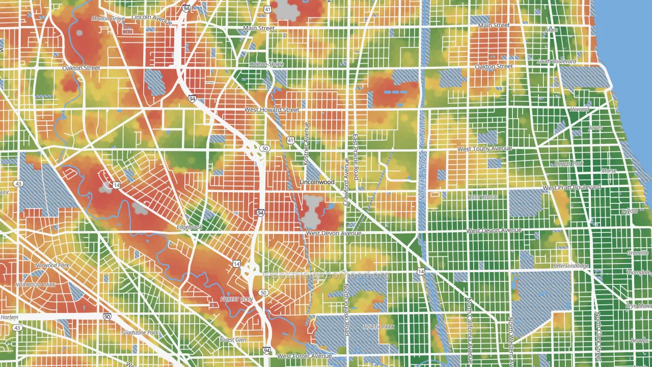 Walk Grade map of Lincolnwood, IL, walkable areas in green and car-dependent areas in red