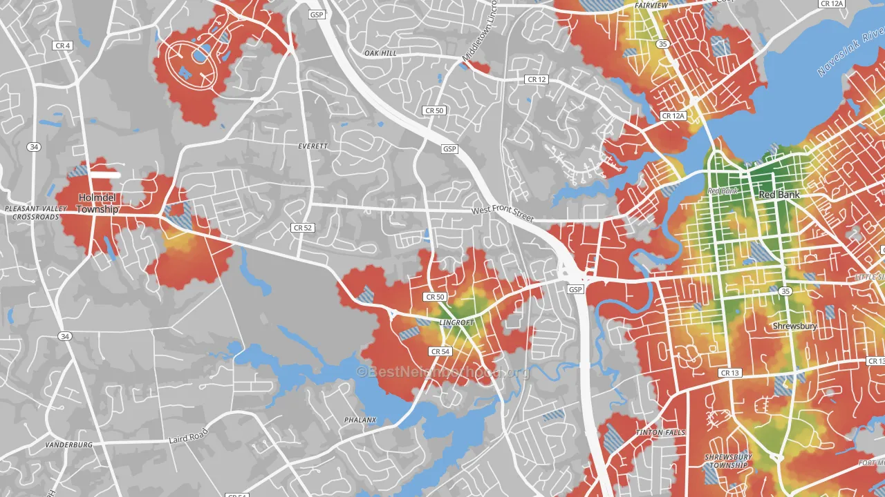 Walk Grade map of Lincroft, NJ, walkable areas in green and car-dependent areas in red