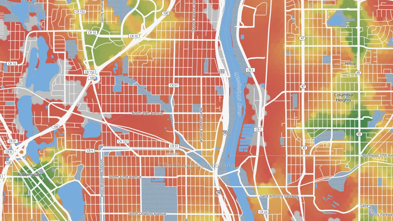 Walk Grade map of Lind-Bohanon, Minneapolis, MN, walkable areas in green and car-dependent areas in red