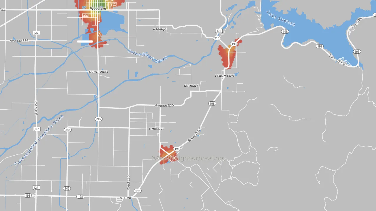 Walk Grade map of Lind Cove, CA, walkable areas in green and car-dependent areas in red