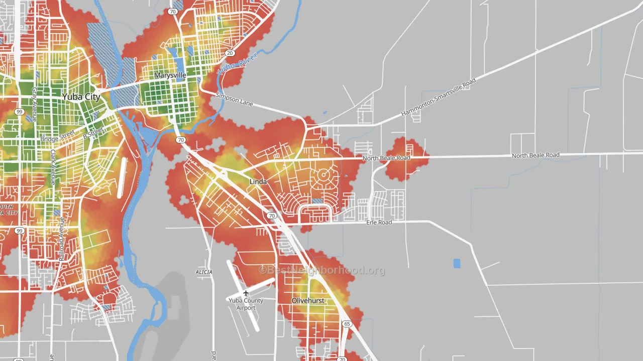 Walk Grade map of Linda, CA, walkable areas in green and car-dependent areas in red