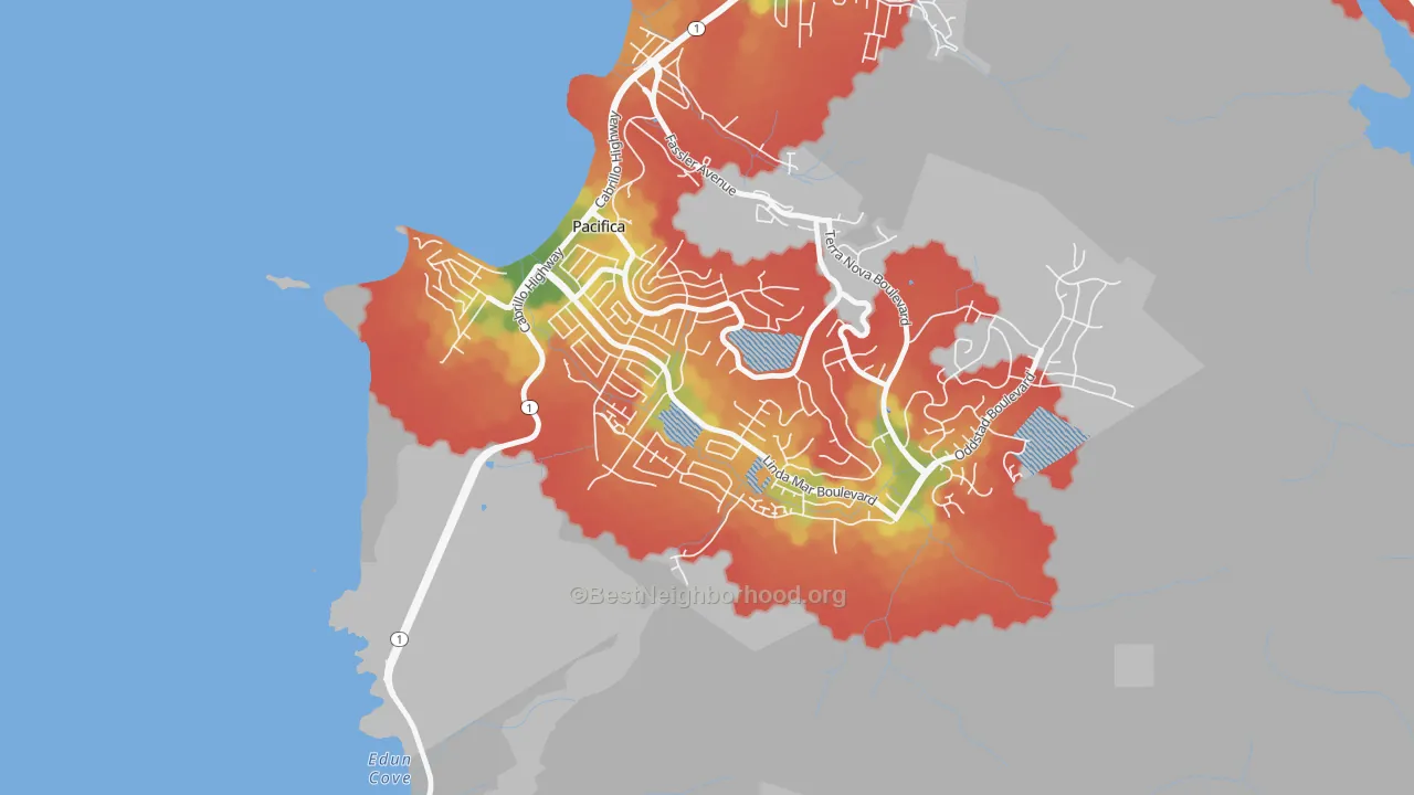 Walk Grade map of Linda Mar, Pacifica, CA, walkable areas in green and car-dependent areas in red