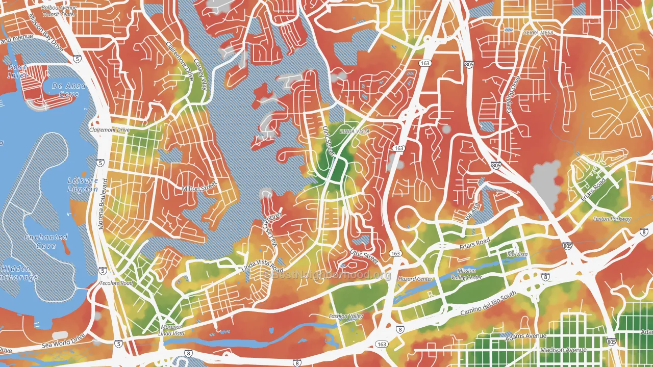Walk Grade map of Linda Vista, San Diego, CA, walkable areas in green and car-dependent areas in red