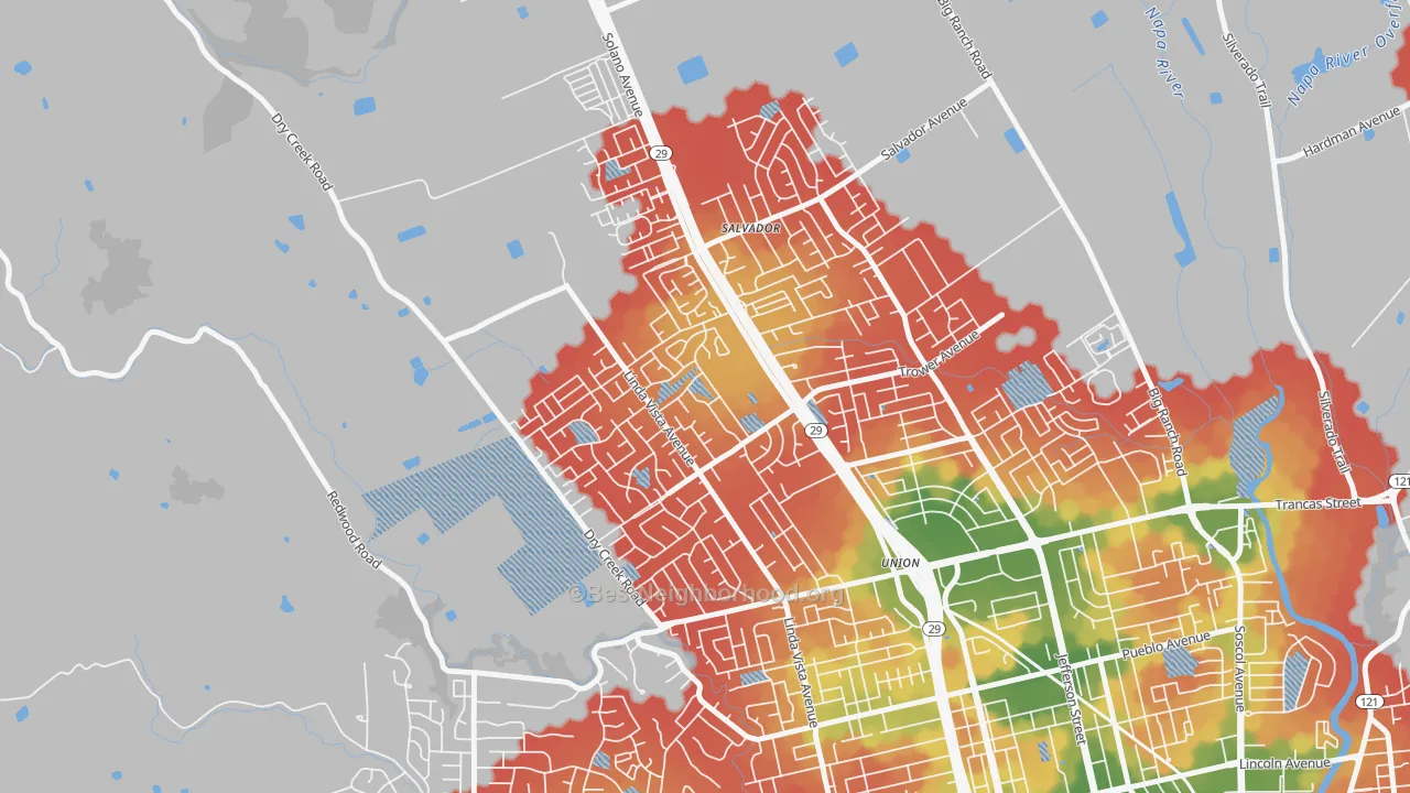 Walk Grade map of Linda Vista-San Francisco, Napa, CA, walkable areas in green and car-dependent areas in red