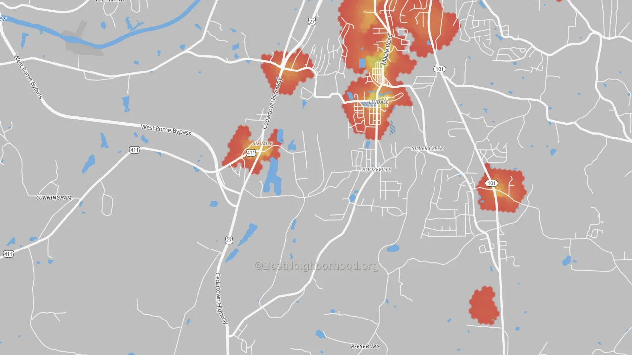 Walk Grade map of Lindale, GA, walkable areas in green and car-dependent areas in red