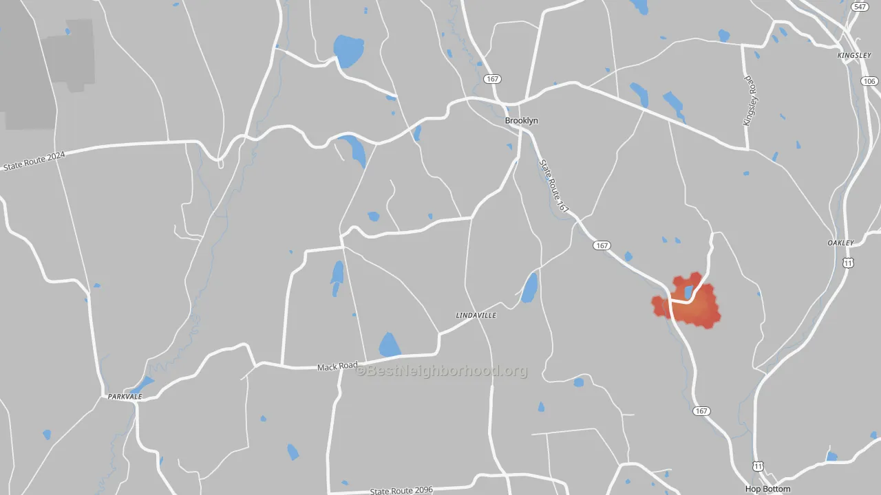 Walk Grade map of Lindaville, PA, walkable areas in green and car-dependent areas in red