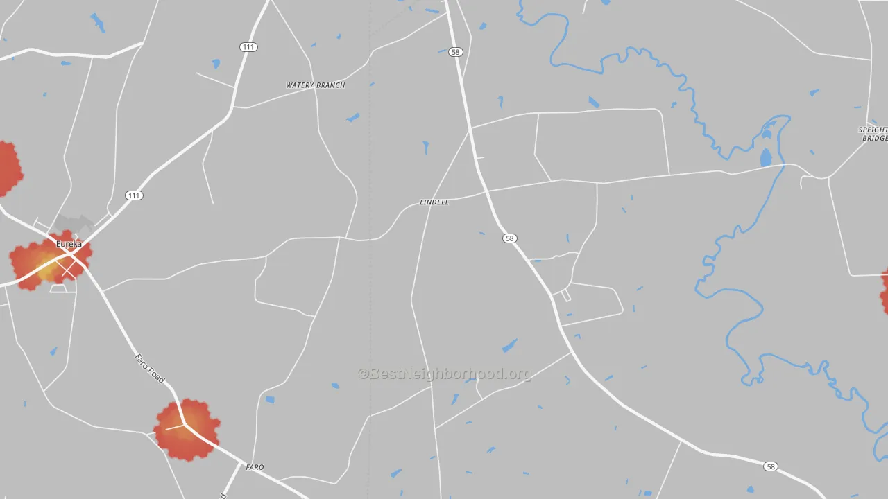 Walk Grade map of Lindell, NC, walkable areas in green and car-dependent areas in red