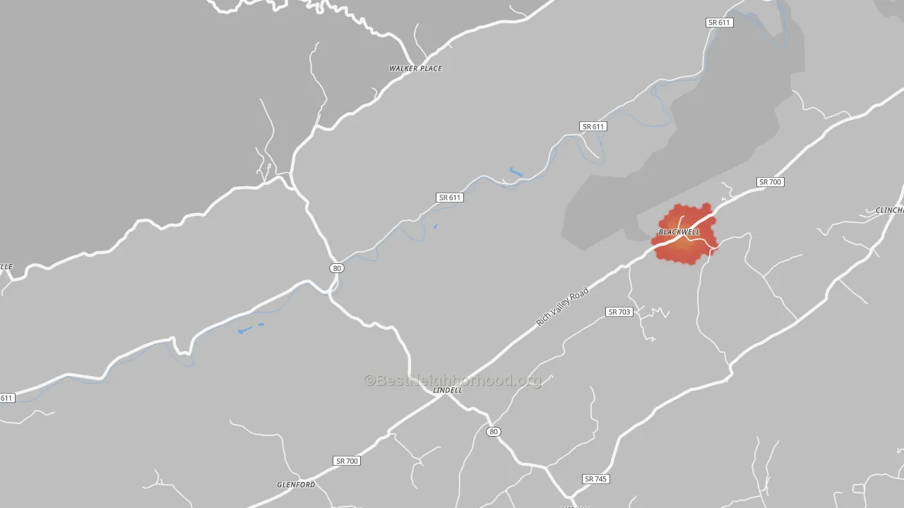 Walk Grade map of Lindell, VA, walkable areas in green and car-dependent areas in red