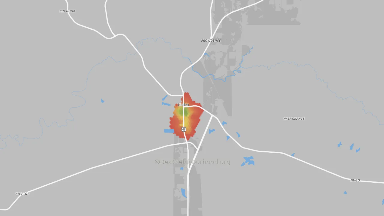 Walk Grade map of Linden, AL, walkable areas in green and car-dependent areas in red