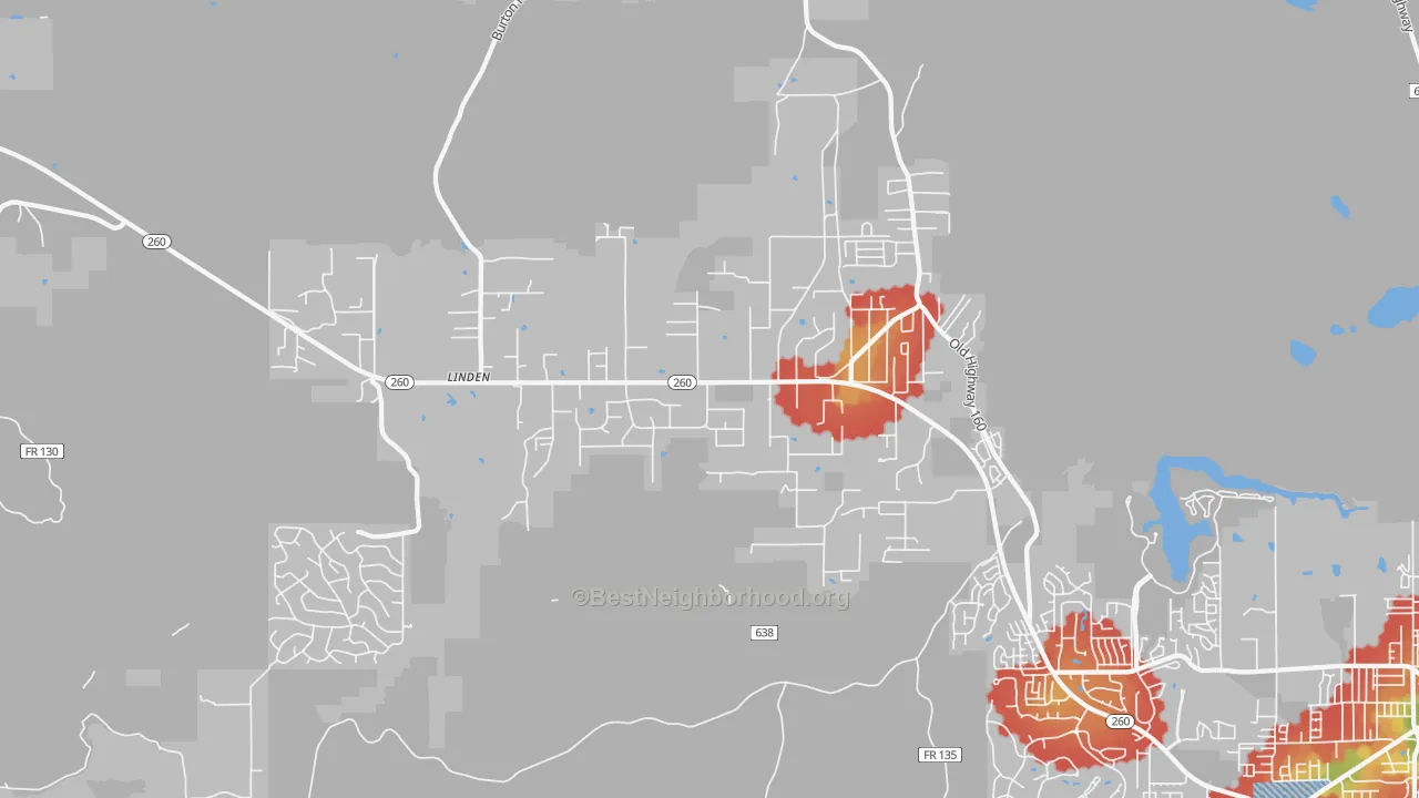 Walk Grade map of Linden, AZ, walkable areas in green and car-dependent areas in red