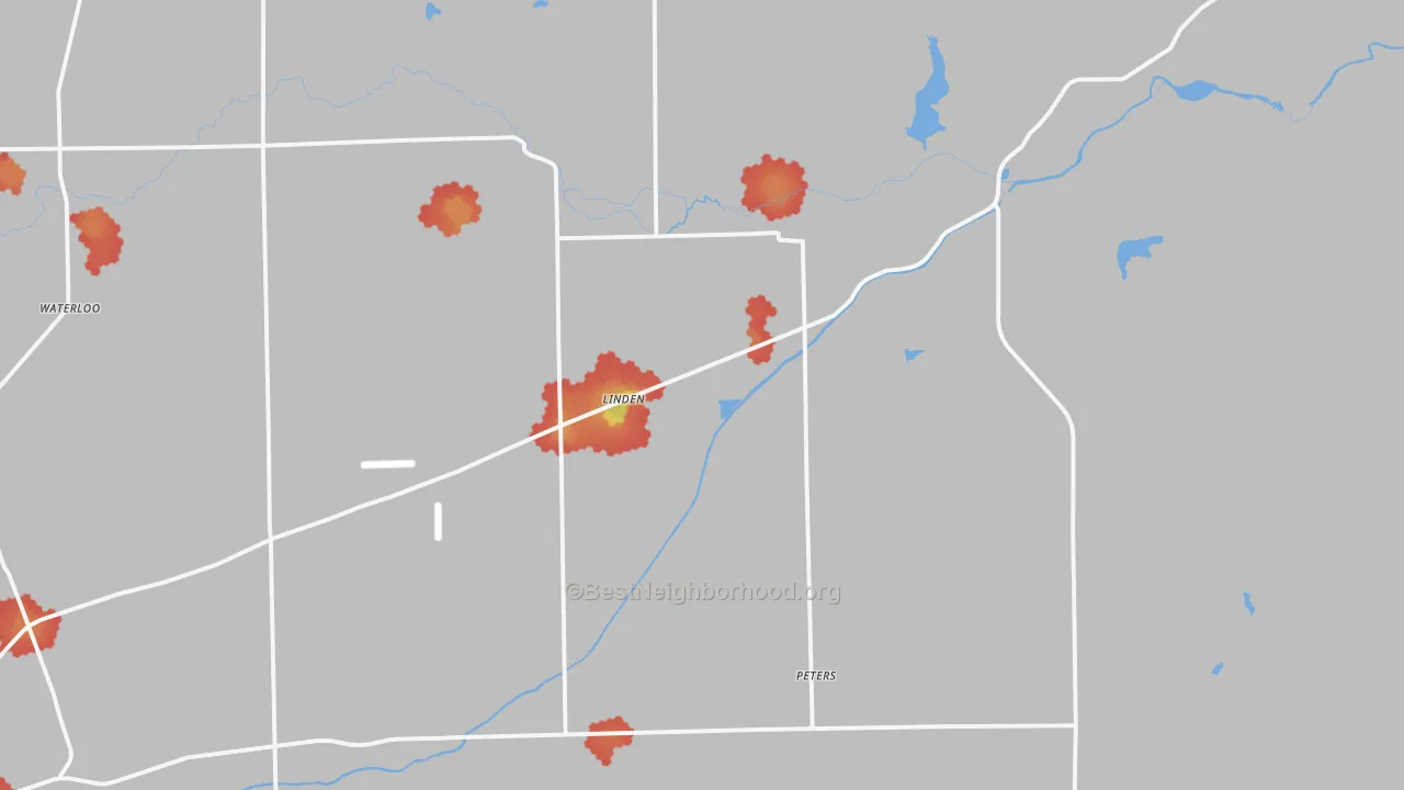 Walk Grade map of Linden, CA, walkable areas in green and car-dependent areas in red