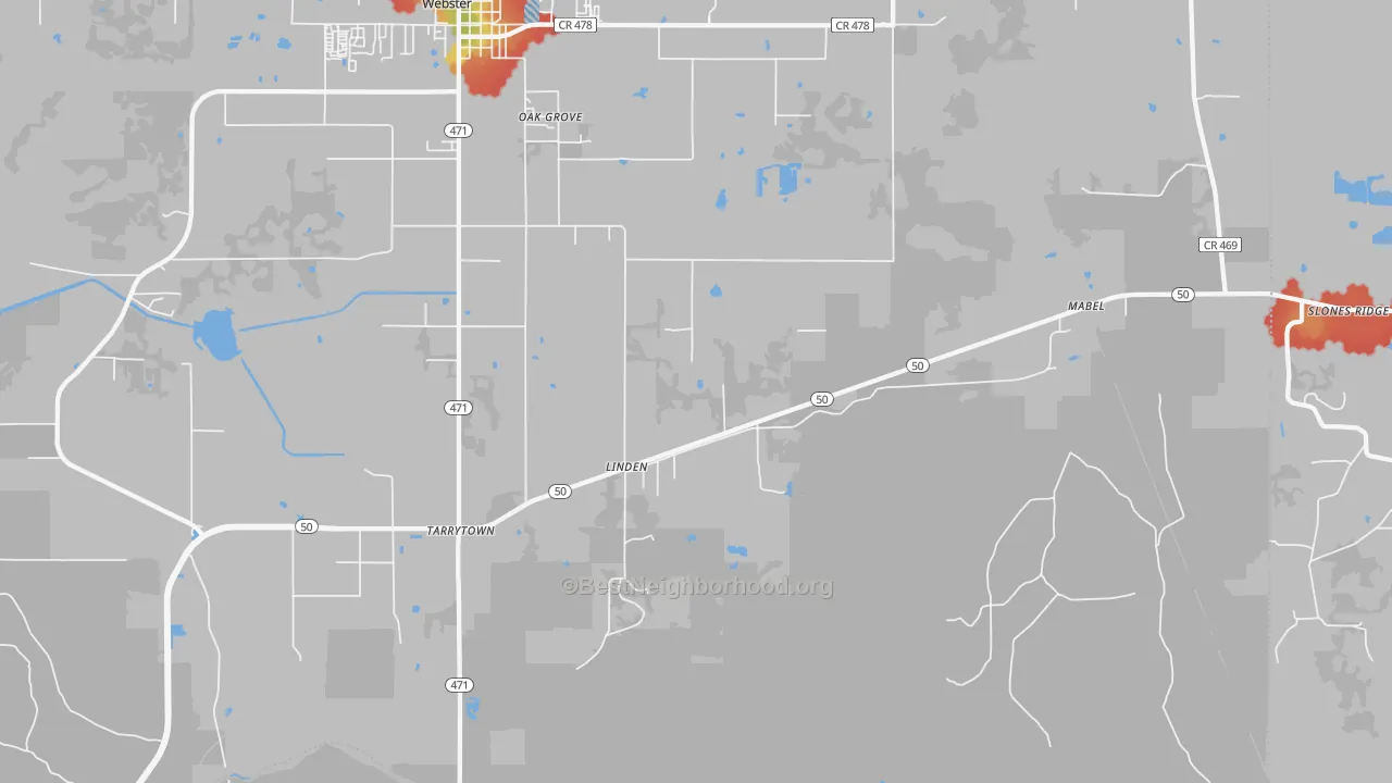 Walk Grade map of Linden, FL, walkable areas in green and car-dependent areas in red