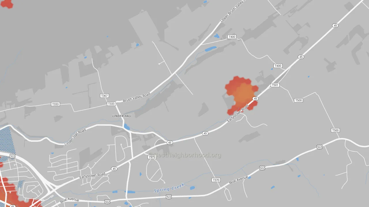 Walk Grade map of Linden Hall, PA, walkable areas in green and car-dependent areas in red