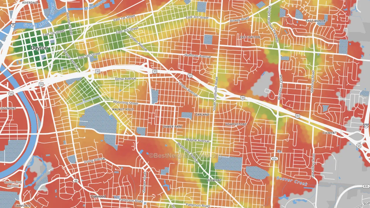 Walk Grade map of Linden Heights, Dayton, OH, walkable areas in green and car-dependent areas in red
