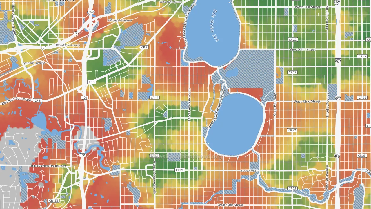 Walk Grade map of Linden Hills, Minneapolis, MN, walkable areas in green and car-dependent areas in red