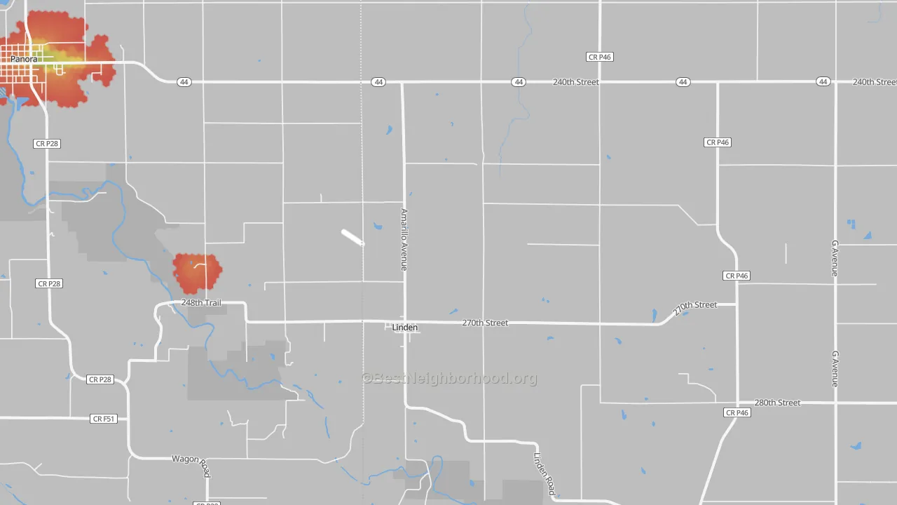 Walk Grade map of Linden, IA, walkable areas in green and car-dependent areas in red