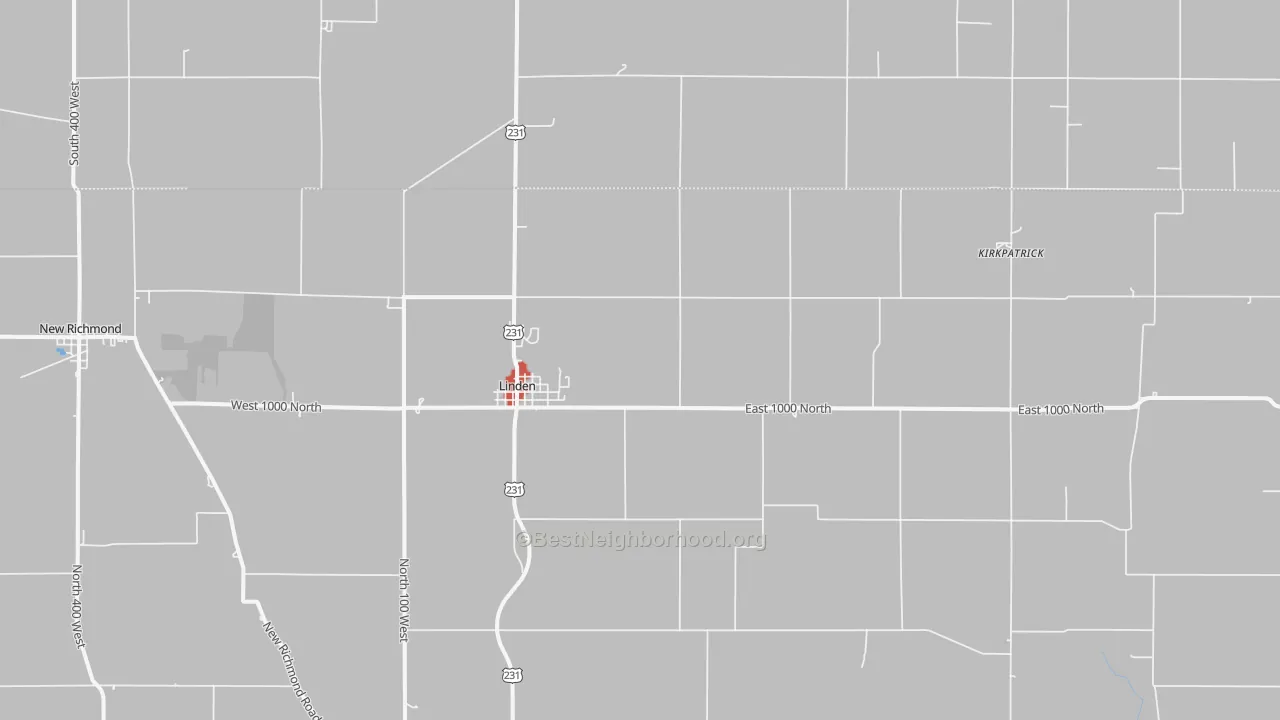 Walk Grade map of Linden, IN, walkable areas in green and car-dependent areas in red