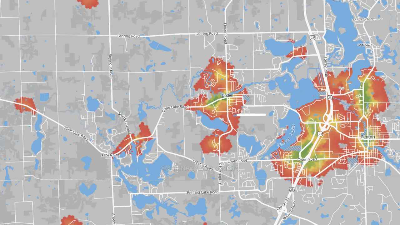 Walk Grade map of Linden, MI, walkable areas in green and car-dependent areas in red