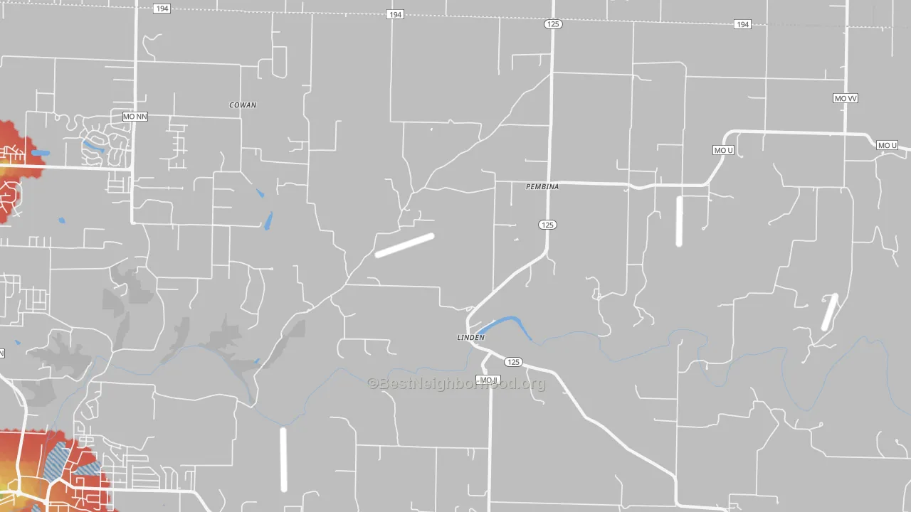 Walk Grade map of Linden, MO, walkable areas in green and car-dependent areas in red