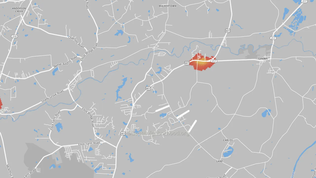 Walk Grade map of Linden, NC, walkable areas in green and car-dependent areas in red