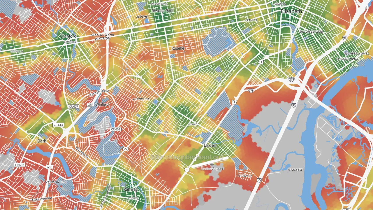 Walk Grade map of Linden, NJ, walkable areas in green and car-dependent areas in red