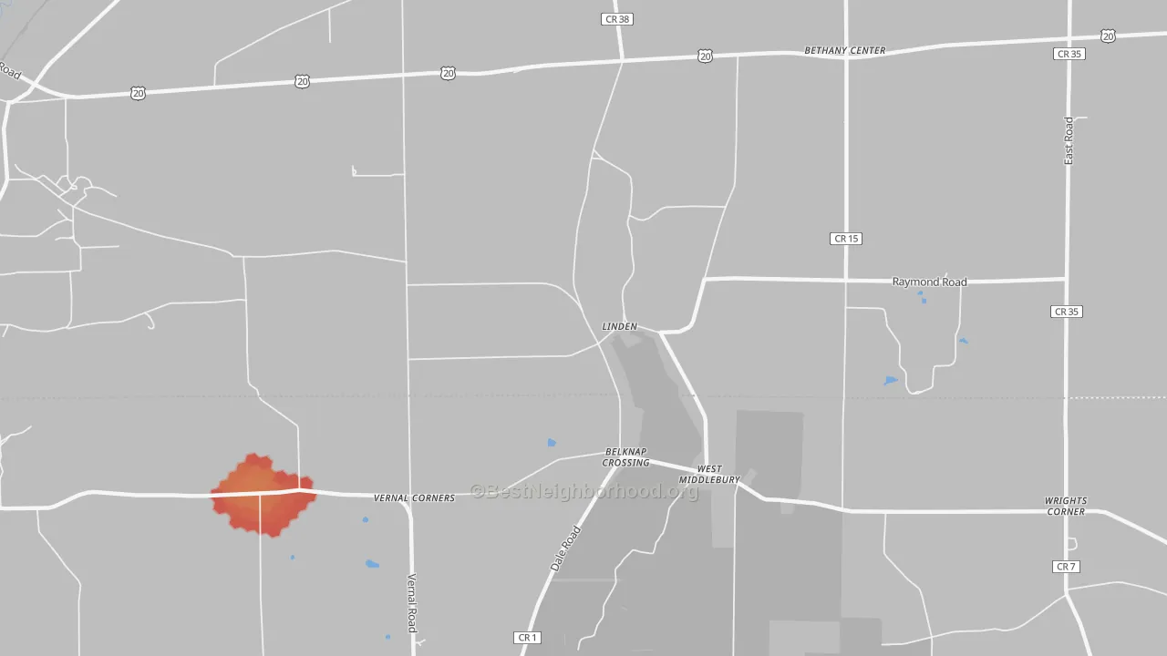 Walk Grade map of Linden, NY, walkable areas in green and car-dependent areas in red