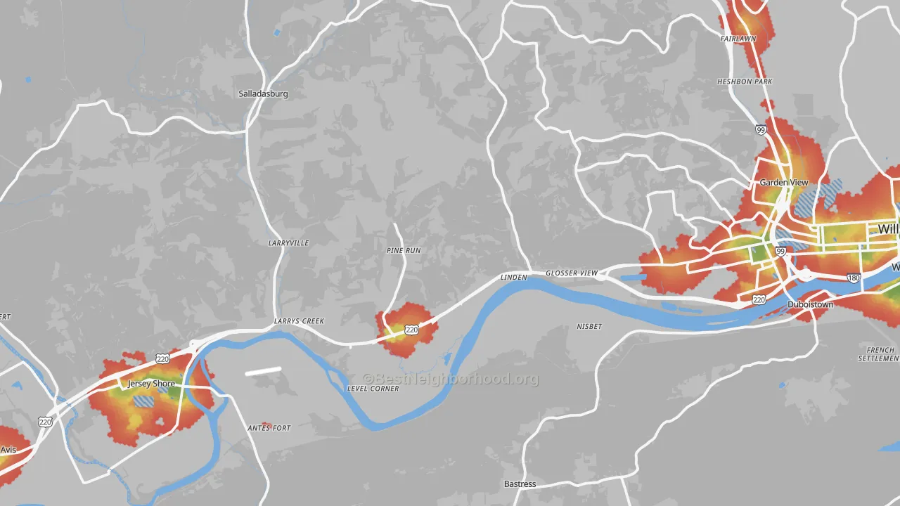 Walk Grade map of Linden, PA, walkable areas in green and car-dependent areas in red