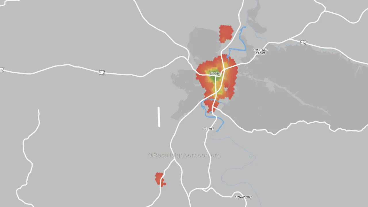 Walk Grade map of Linden, TN, walkable areas in green and car-dependent areas in red