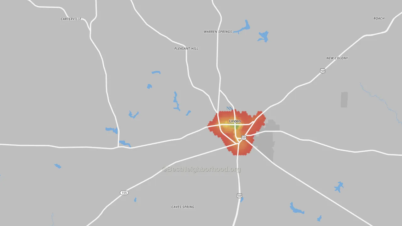 Walk Grade map of Linden, TX, walkable areas in green and car-dependent areas in red